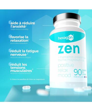 Zen Anti-Stress Complex Magnesium Bisglycinate Passionflower L-Tryptophan Taurine Vitamin B6 - Promotes Relaxation - 90 Vegetable Capsules - Made in France Hexagon - Buy Online on GoSupps.com