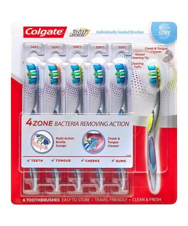 Tooth Brush Colgate 360 Whole Mouth Clean Total advanced 4 Zone Bacteria removing Action - Individually Sealed Brushes ( 6 Pack ) (Soft Brush)