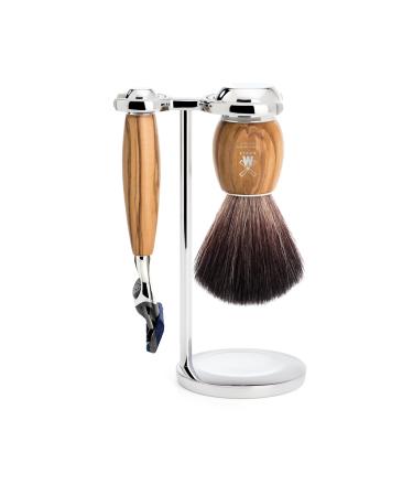 M HLE VIVO Olive Wood 3-Piece Black Fibre 5-Blade Razor Shaving Set