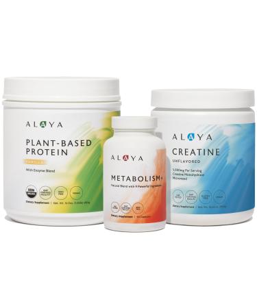 Alaya Plant-Based Protein Powder (Vanilla), Micronized Creatine Powder & Metabolism Plus, Strength, Recovery & Daily Energy Fitness Bundle