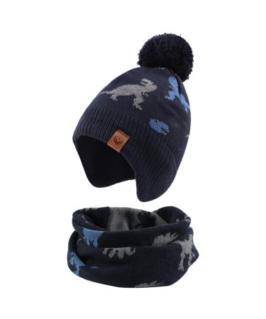 XIAOHAWANG Knitted Baby Hat Winter Warm Boys Girls Beanie Fleece Lining Toddler Kids Hat with Pompom 4-7 Years Navy Dinosaur Hat+Scarf