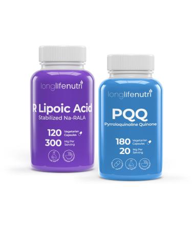 LongLifeNutri R-Alpha Lipoic Acid 300 mg + PQQ 20 mg Bundle - 120-180 Vegetarian Capsules Cellular Energy & Metabollic Function Daily Energy & Mental Performance GMP Certified Made in USA