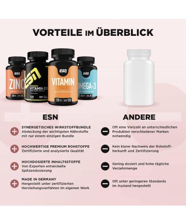 ESN 4-Pack Vitamins & Vital Substances Zinc Omega 3 Vitamin D & Vitamin Stack Capsules for Optimal Health | International Shipping Available - Buy Online on GoSupps.com