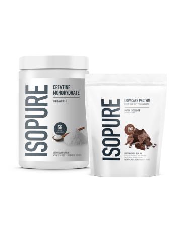 Isopure Bundle of Low Carb 100% Pure Whey Isolate Protein Powder Dutch Chocolate 25g Protein Per Serving 1 Lb 15 Servings + Isopure 100% Pure Creatine Monohydrate Powder 100 Servings Dutch Chocolate 1 Pound & Creatine