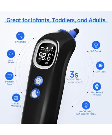 High Accuracy Ear Thermometer for Babies Kids & Adults | 32 Memory Recall LED Backlit Mute Function Night Light & 21 Disposable Probe Covers - Black - Buy Online on GoSupps.com
