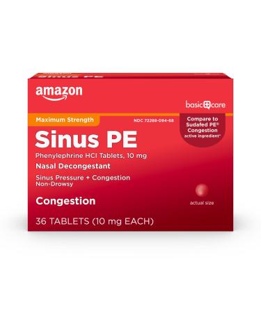 Amazon Basic Care Sinus PE, Maximum Strength Nasal Decongestant, Cold Medicine, Phenylephrine HCl Tablets, 10 mg, 36 Count