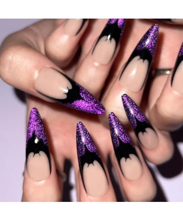 Halloween Bats Press-On Nails | 24 Pcs Glossy Purple Glitter French Tips | Long Stiletto Acrylic Fake Nails for Women & Girls - Buy Online on GoSupps.com