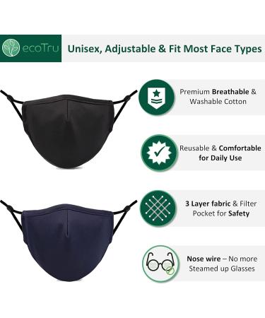 ecotru UK 4 Pack Reusable Cotton Face Masks 2 Navy Blue 2 Black Mask with Nose Wire for Glass Wearers 3-Ply Washable & Breathable Fabric with Filter Pocket & Adjustable Loops - Buy Online on GoSupps.com