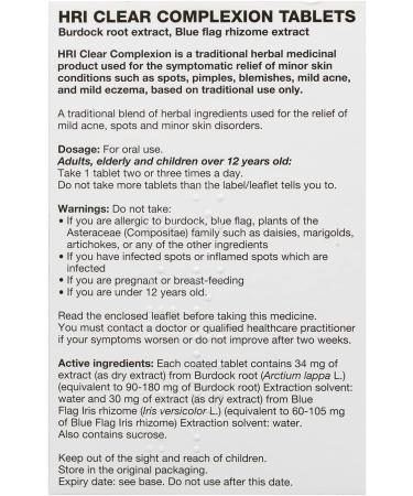 HRI Clear Complexion Tablets - 60 Count for Symptomatic Relief of Skin Conditions - Spots, Pimples, Blemishes, Acne, Eczema - Pack of 1 - Buy Online on GoSupps.com