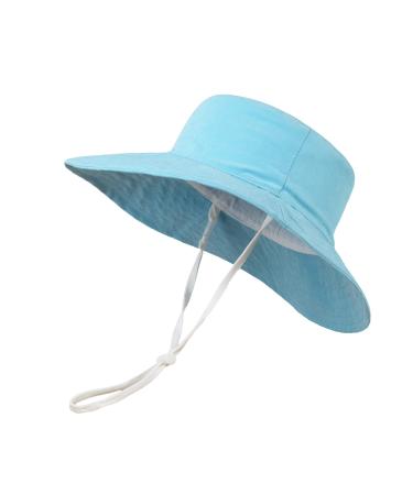 LANGZHEN Beach Sun Protection Hat for Baby Girls Adjustable Toddler Kids Hat Wide Brim Summer Play Hat with Chin Strap Light Blue XL