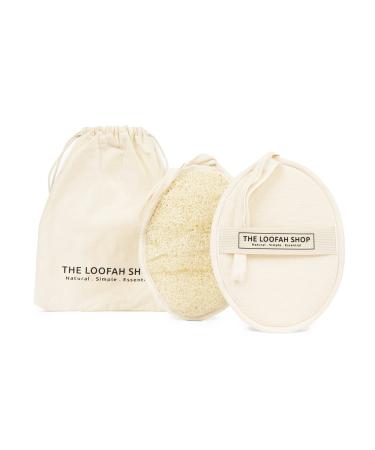The Loofah Shop Bath Loofah Sponge, Exfoliating Body Scrubber, Shower Luffa for Men, Women and Kids Made of Eco-Friendly Natural Egyptian Loofah with Cotton Travel Pouch, 7" x 5.25" (2 Pack)