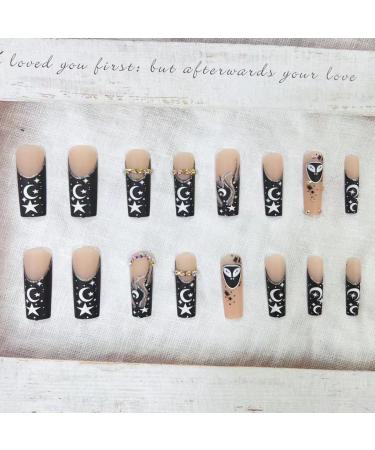 RIICFDD Extra Long Black Press on Nails with Star Moon Flame Designs - 24PCS - Buy Online on GoSupps.com