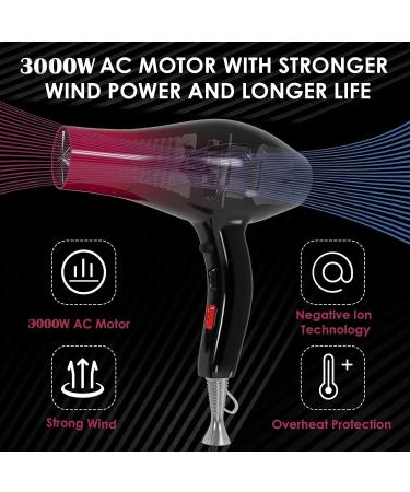 Jooayou 3000W Ionic Hair Dryer with Diffuser - Fast Drying for Women - 3 Heat, 2 Speed, Cool Button - Rose Red - Buy Online on GoSupps.com