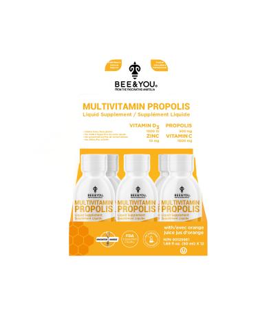 BEE and You 100% Natural Propolis Extract Shot Immune Support Supplement Antioxidants Vitamin C D3 Zinc Orange Juice Raw Honey 50 ml 12 Pack for Men and Women