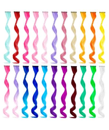 MEckily 22 Pcs Colored Hair Extensions Party Highlights, Curly Wavy Hairpiece Clip in Synthetic Rainbow Streak for Kids Girls Women 17 inch(Colorful Set) 22PCS-Rainbow