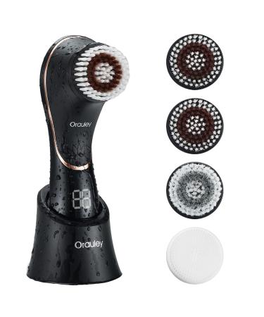 Facial Cleansing Brush, Electric Face Brush Scrubber Rechargeable Exfoliator IPX-7 Waterproof Rotating Cleanser for Exfoliating, Massaging and Deep Cleansing for Women & Men with 4 Brush Heads Black Black & rose gold