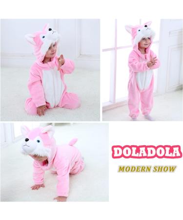Doladola Unisex Baby Hooded Pink Husky Romper 12-18 Months | Cute Cartoon Animal Jumpsuit for Toddlers | Infant's Pajama Outfit - Buy Online on GoSupps.com