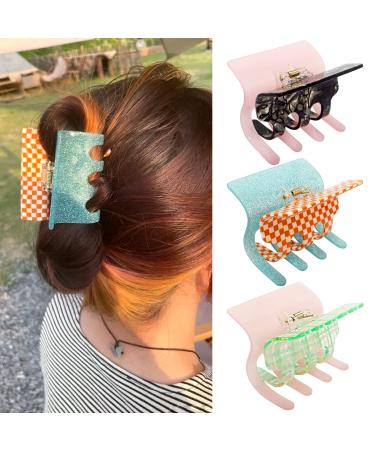 NAISIER Hair Clips For Thick Hair  Hair Jaw Clip Tortoise Shell Hair Clips Square Hair Claw Clips 2.7 inch Girls Checkered Hair Clips Beautiful Hair Accessories for Girls and Women.(Glitter 3pcs)