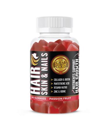 Grab The Gold Hair Skin & Nails Vitamins for Women | Gummies with 6000mcg Biotin & Collagen | 10 Essential Vitamin & Minerals | Gluten-Free Non-GMO Passion Fruit Flavor | 1 Month Supply