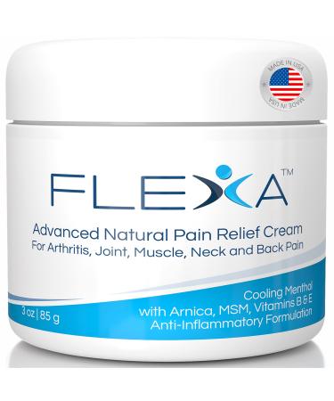 FLEXA Natural Relief Cream - Use on Muscles Back Neck and Joints - with Arnica Menthol MSM Ilex Leaf and Tea Tree Oil - 3 Oz Jar