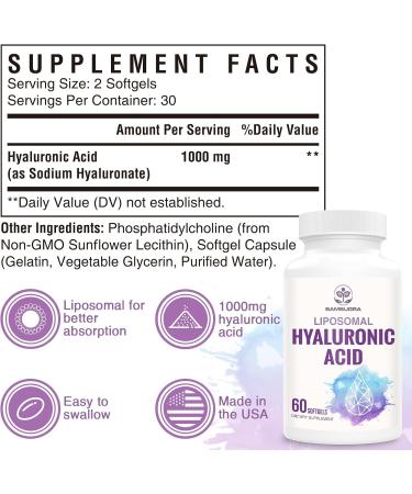 Liposomal Hyaluronic Acid 1000mg High BioavailabilityHyaluronic Acid Capsules Dietary Supplement Support Skin and Bones 60 Capsules 60 Count (Pack of 1) - Buy Online on GoSupps.com