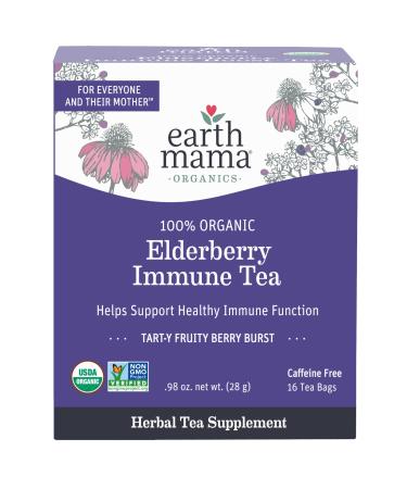 Earth Mama Organic Elderberry Immune Support Tea with Echinacea | Safe For Pregnancy Breastfeeding Postpartum Kids and Family Essentials Decaf Tea with Ginger & Rooibos 16-Count Elderberry Immune 1 Count (Pack of 1)