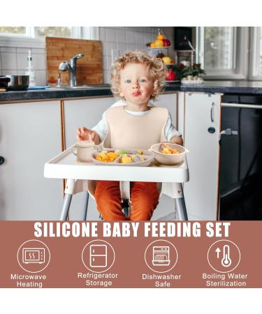 16 Pack Baby Feeding Set | Silicone Suction Plates, Bowls, Bibs, Utensils, Snack Cups | Toddler Eating Utensil Set | Beige Orange - Buy Online on GoSupps.com