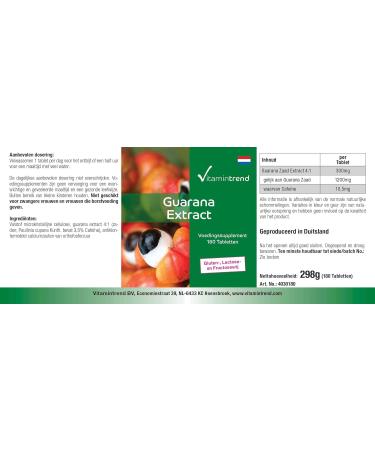 Guarana Extract - 1200mg Guarana Seeds - 4 times concentrated - Vegan -! FOR 6 MONTHS! - 180 tablets - Advantageous bottle | Vitamintrend  - Buy Online on GoSupps.com