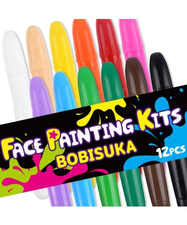 BOBISUKA Face Body Paint Sticks Kit, 12 Color Water Based Face Painting Crayon Set for Art Theater Halloween Party Cosplay Clown SFX Makeup for Women Adults, Non-Toxic Washable