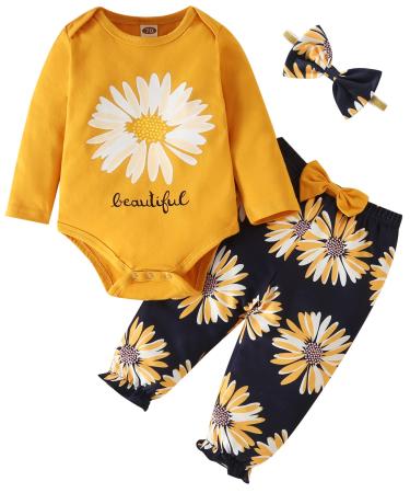 Koonde Baby Girl Clothes Newborn to 24 Months 3-piece Baby Girl Outfits Romper Trouser & Headband 12-18 Months Yellow + Navy