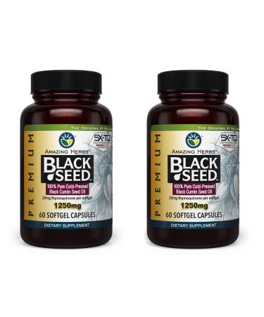 Amazing Herbs Premium Black Seed Oil Capsules - High Potency, Cold Pressed Nigella Sativa Aids in Digestive Health, Immune Support & Brain Function - 60 Count, 1250mg (Pack of 2) 60 Count (Pack of 2)