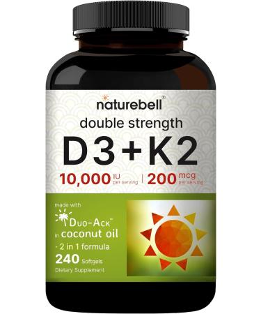 NatureBell Vitamin Double Strength D3 + K2-240 Softgels - 10 000 IU Vitamin D & 200mcg K2 - Bone Strength Immune Function & Calcium Absorption Support* - Coconut Oil Infused - Buy Online on GoSupps.com