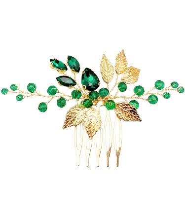 BETITETO Bridal Hair Comb Emerald Green Crystal Gold Leaf Vine Hair Piece Accessories for Wedding Bride Women Party (Emerald Green)