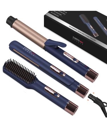 Hair Straightener and Curler PARWIN PRO BEAUTY 1'' Flat Iron 1.25'' Curling Iron Hair Straightener Brush with Detachable Power Cord LED Temp Control Instant Heat Up for Gift Travel Prussian Blue