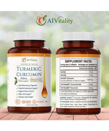 A1 Vitality Turmeric Curcumin NovaSOL Supplements 1000mg - Powerful Inflammation & Joint Pain Relief - 185x More Bioavailable Than Turmeric Black Pepper Capsules - Natural Softgels - Buy Online on GoSupps.com