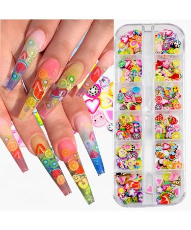 3D Fruit Nail Art Slices Fruit Clay Flakes Nail Charms Color Banana Lemon Strawberry Cherry Watermelon Designs Summer Glitter Nails Accessories Supplies Manicure Shiny Sequin for DIY Crafts 12 Grids Glitters 1