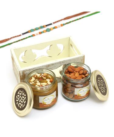 Ghasitaram Gifts Rakhi Gifts for Brothers White Wooden Tray of 2 Jars of Dryfruit Halwa and Almonds with 2 Green Beads Rakhis Tray of 2 Jars Dryfruit Halwa Almonds with 2 Rakhi