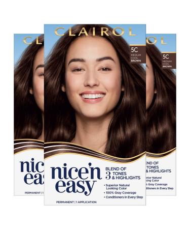 Clairol Nice 'n Easy Permanent Hair Color 5C Medium Cool Brown Pack of 3 Allergy Gentle Single-Step Hair Dye Conditioners Natural-Looking Color Salon Highlights Grey Coverage