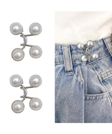 Qeuly 2 Sets Pant Waist Tightener Instant Jean Buttons for Loose Jeans Pants Clips for Waist Detachable Jean Buttons Pins No Sewing Waistband Tightener (White Pearl)