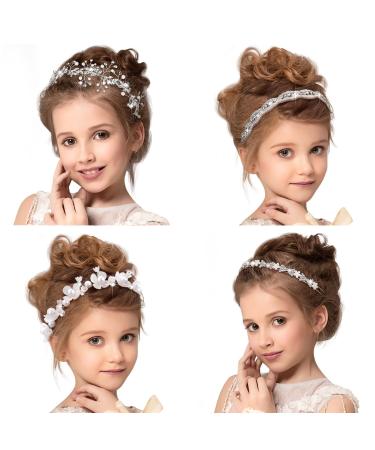 4 Pcs Flower Girl Headpiece White Girl Princess Wedding Headband Girl Bridesmaid Headpiece Bridal Bridesmaid Hairband Pearls Rhinestone Headdress for Women Girls Photography  4 Styles (Romantic Style) Romantic Style