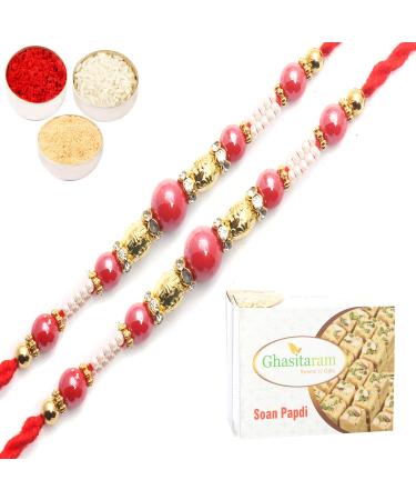 Ghasitaram Gifts Rakhi for Brother Rakhis Online-Set of 2-7017 Fancy Thread Rakhi with 200 GMS of Soan Papdi