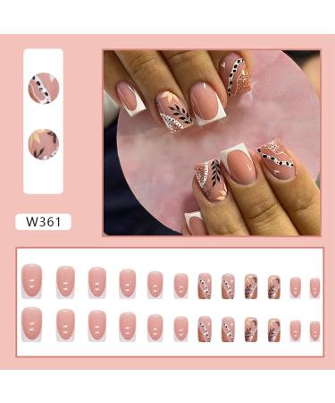 24Pcs Square Press On False Nails - Pink & Golden Leaves Design - DIY Removable Fake Nails for Women and Girls - Buy Online on GoSupps.com