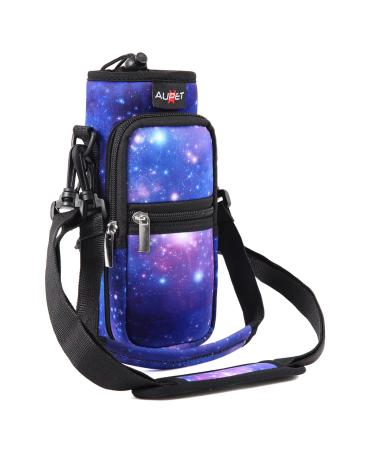 AUPET Water Bottle Sling Bag Sleeve Holder Carrier 25/32/40/64 oz Insulated Crossbody Water Bottle Case Cover with Strap and Pockets for Men/Women Walking Hiking Camping 25oz purple starry sky
