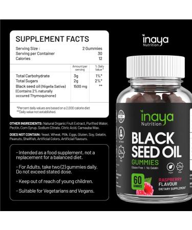 Inaya Nutrition Black Seed Oil Gummies - 60 Vegan Raspberry Flavour Gummies | 2% Thymoquinone from Nigella Sativa Seeds | Immune System & Weight Loss Support for Joints, Hair & Skin - Buy Online on GoSupps.com