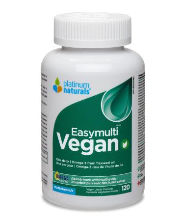 Platinum Naturals Easymulti Vegan 120 Vegan Liquid Capsules - Complete Multivitamin for Men & Women Includes Omega 3 Flaxseed Oil Enriched with B1 B2 B3 B5 B6 B12 Vitamin C Iron & Zinc 120 count (Pack of 1)