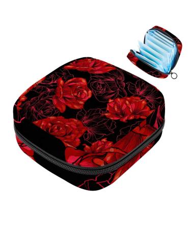 Romantic Valentine's Day Red Rose Flower Sanitary Napkin Storage Bag Menstrual Cup Pouch Small Makeup Sanitary Pads Organizer Small Portable Large Capacity for Girls Multicoloured 08
