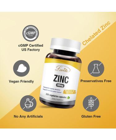 LOVITA Zinc 50mg | Potent Highly-Absorbed Chelated Zinc Supplements Picolinate & Bisglycinate | Vegan Gluten Free non-GMO | For Immune Antioxidant Support & Healthy Skin | 200 Capsules (Pack of 3) 200 Count (Pack of 3) - Buy Online on GoSupps.com