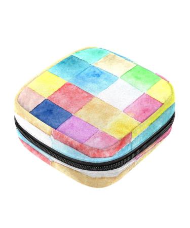 Menstrual Pad Bag with Zipper Ladies Napkin Pouch Tampons Collection Bag for Women and Girls (Watercolor Squares)