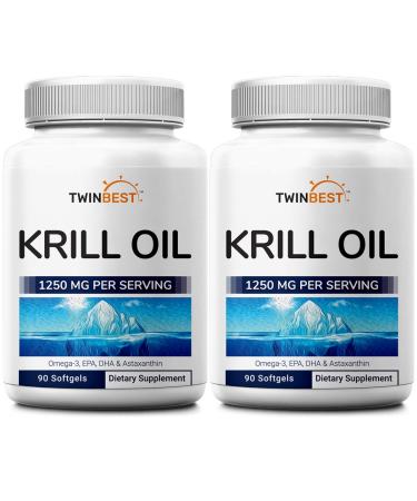 Twinbest Antarctic Krill Oil Softgels 2-Pack 1250mg Per Serving 180 Softgels Supply Rich in Omega 3 Fatty Acids EPA DHA Phospholids and Astaxanthin Non GMO