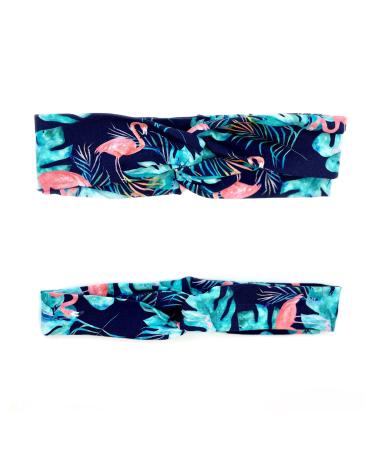 Hair band flamingo tropical leaves blue summer headband elastic with knot wide (7cm) or narrow (5cm) all sizes (m - 56-58 cm - wide)